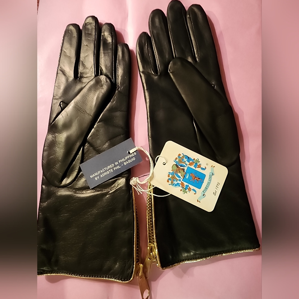 PORTOLANO LONG LEATHER GLOVES WITH GOLD TRIM AND ZIPPERS SIZE 7 NWT - Picture 9 of 9